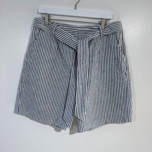 Boden Women’s Blue Linen Blend Striped Tie Belt Shorts Size 8 9”